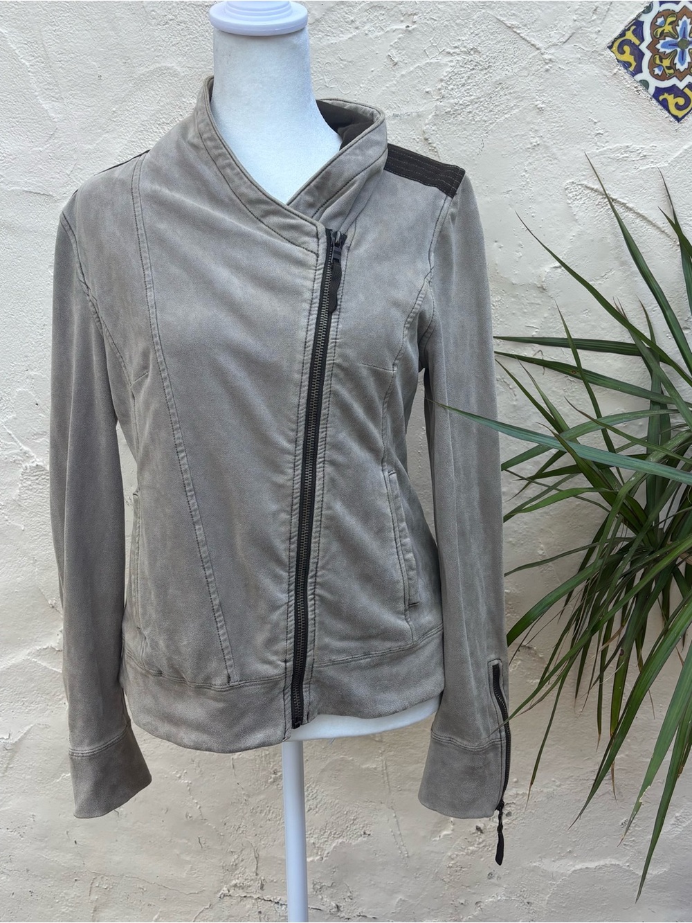 Anthropologie Women’s Suede Asymmetrical Zip Terry Jacket - Taupe - Picture 2 of 4